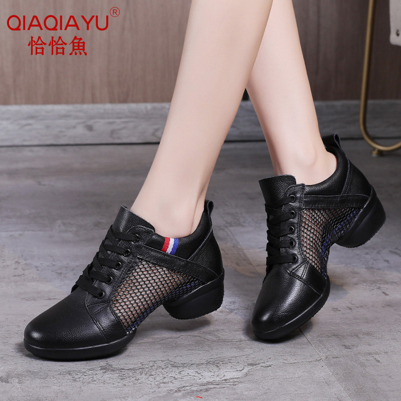 Precisely Fish Spring Summer Season Dance Shoes Genuine Leather Square Dance Shoes Sub Non-slip Dancing Shoes Women Soft Bottom Shoes Water Soldiers Dance Mesh Shoes