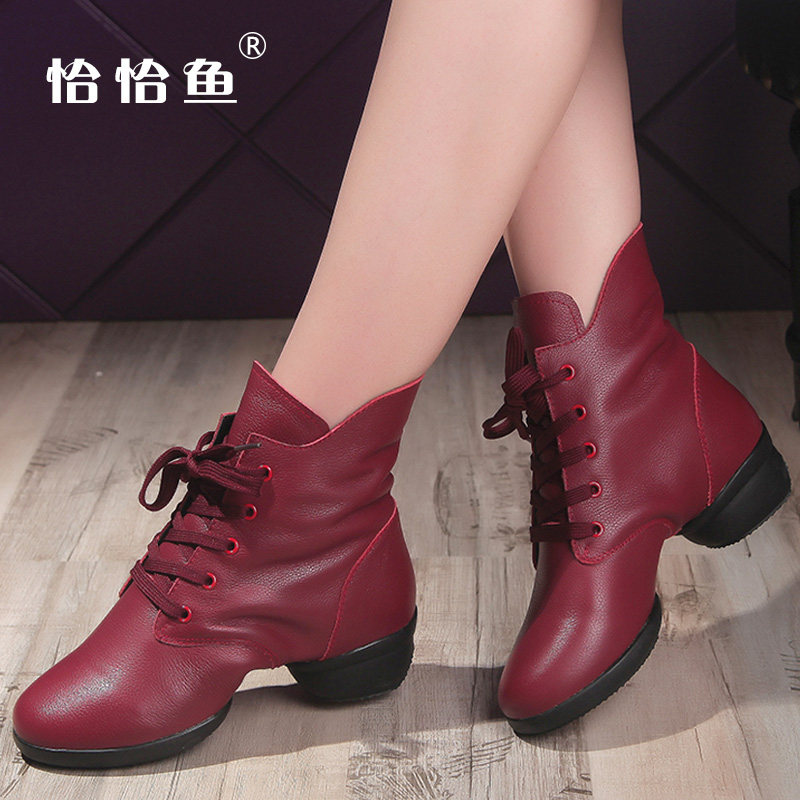 Precisely Fish Autumn Winter Real Cow Leather Dancing Shoes Square Dance Jazz Water Soldiers Dancing Soft Bottom Adults Dance Shoes Women