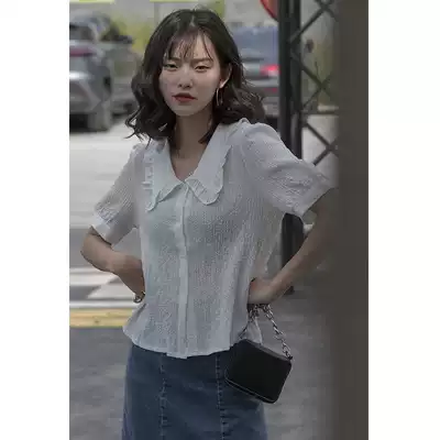 MZ doll collar chiffon shirt female summer 2021 new waist fashion temperament short sleeve foreign style gentle style lace top