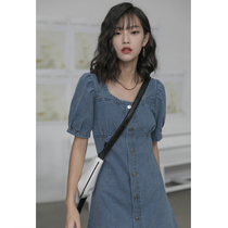  MZ denim dress female retro short-sleeved 2021 summer new thin waist slim slim a-line short skirt