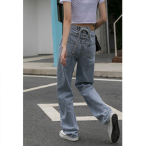  MZ back strap high waist jeans women loose thin mopping the floor wide leg drape daddy straight hyuna pants trend