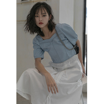  MZ denim short-sleeved shirt womens short-sleeved umbilical summer wear thin design sense niche wild square collar top trend