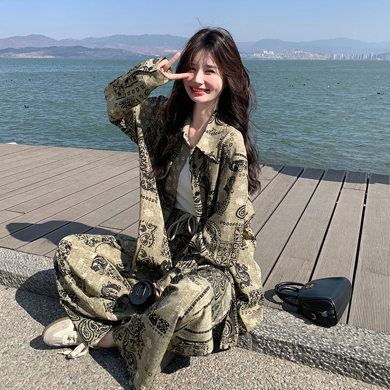 European Style Women's Spring and Summer Fashionable Chinese Ink Print Shirt Set with Loose Drape, Sun Protection, Thin Wide-Leg Pants Two-Piece Set