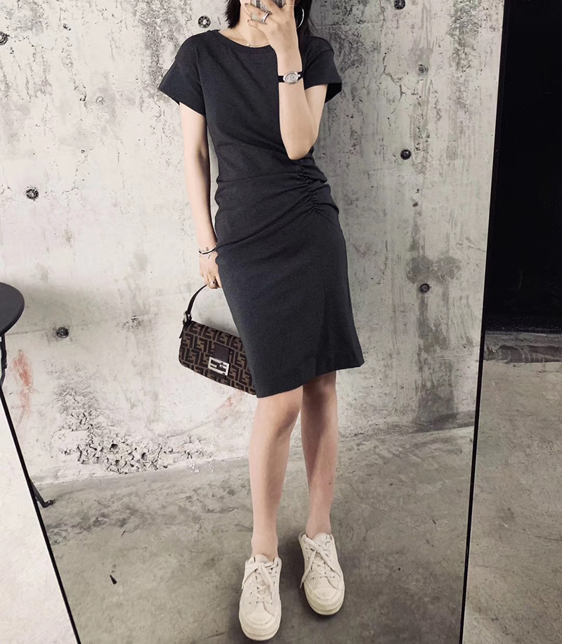South Korean special cabinet 2022 round collar pure color minimalist with short sleeves to repair waist elastic casual T-shirt foreign dress