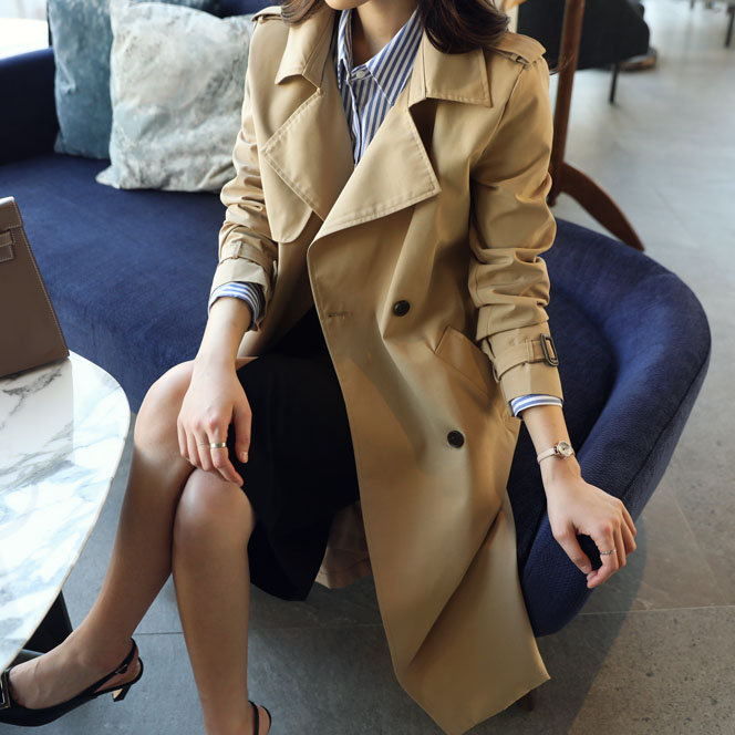 French counter 2021 spring and autumn new double-breasted mid-length version of the trench coat women's British slim casual large size coat tide