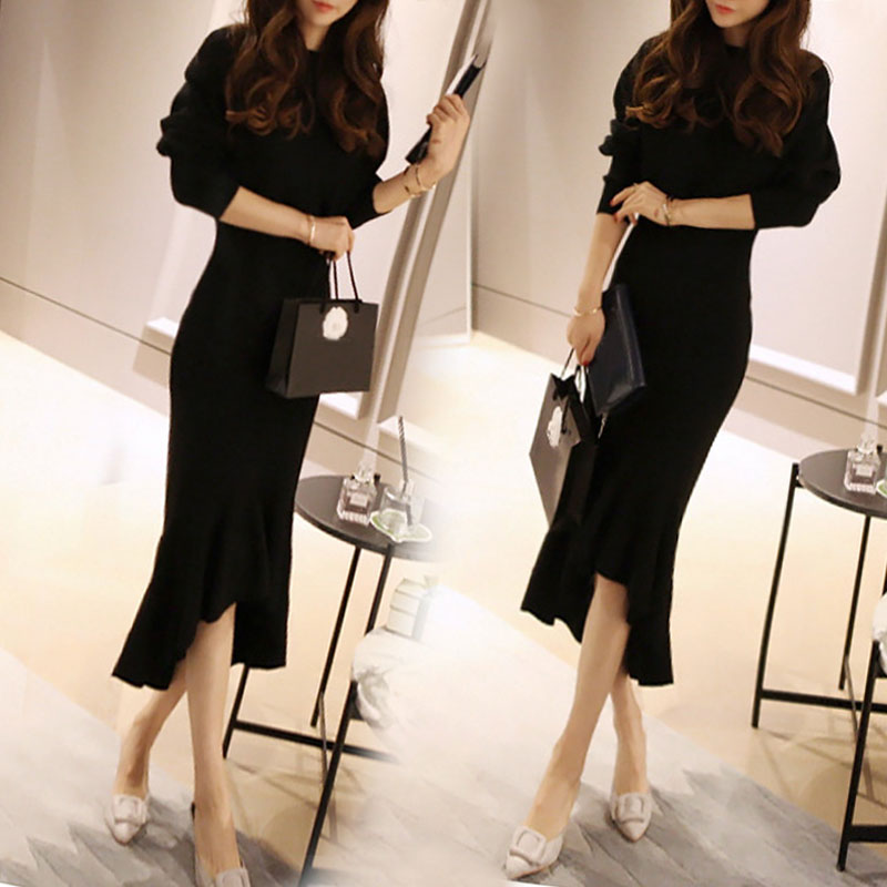 Hong Kong Special cabinet 2021 autumn and winter new Korean version in Korean version Knitted Fish Tail Dress Sweaters Underskirt Buns Hip Dress