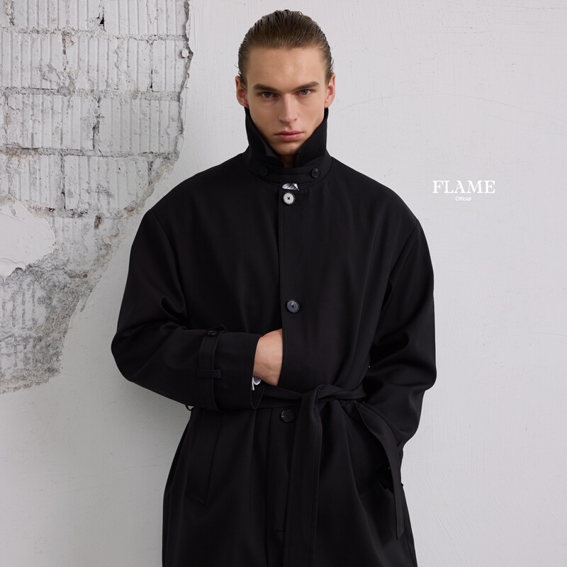 Flame Official “The Matrix” Black Wool-Blend Long Trench Coat with Belt