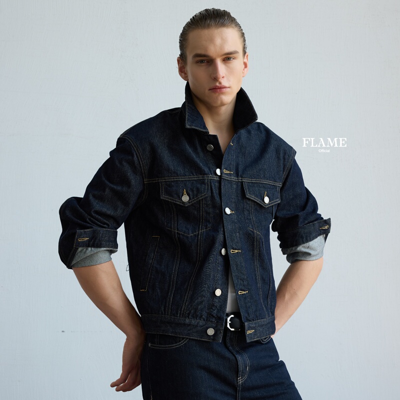 Flame Official Heavy-Duty American Retro Washed Raw Denim Jacket