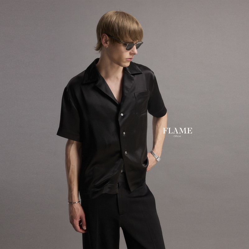 Flame Official Acetate Resort-Style Patchwork Collar Design Short-Sleeve Shirt