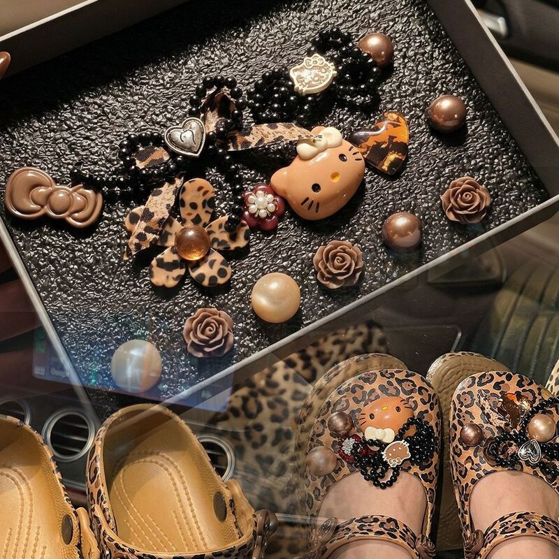 Leopard Print Ballet Shoes with Detachable DIY Accessories, Mary Jane Black Leather Hello Kitty Clog Shoe Charms for Women