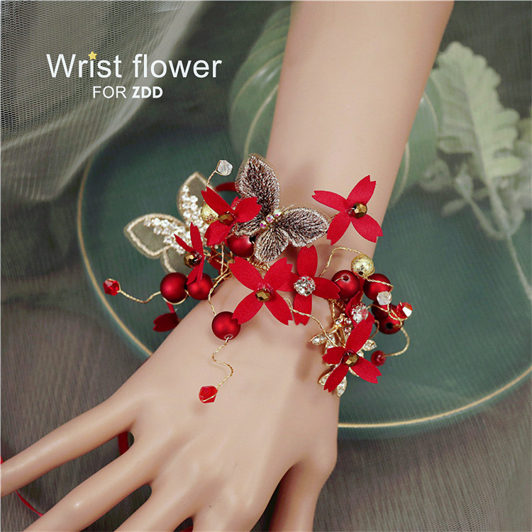 Korean bride wrist flower red Moren hipster children's performance wedding dress bracelet Chinese style show bridesmaid
