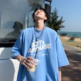 Синяя хлопковая футболка с коротким рукавом, оверсайз, в американском стиле, короткий рукав