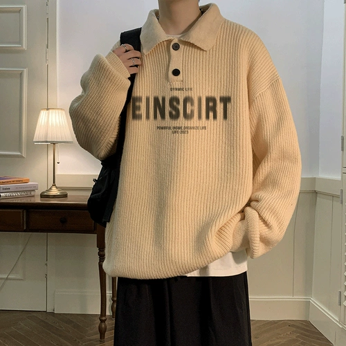 Японский ретро демисезонный свитер, лонгслив, воротник поло, оверсайз