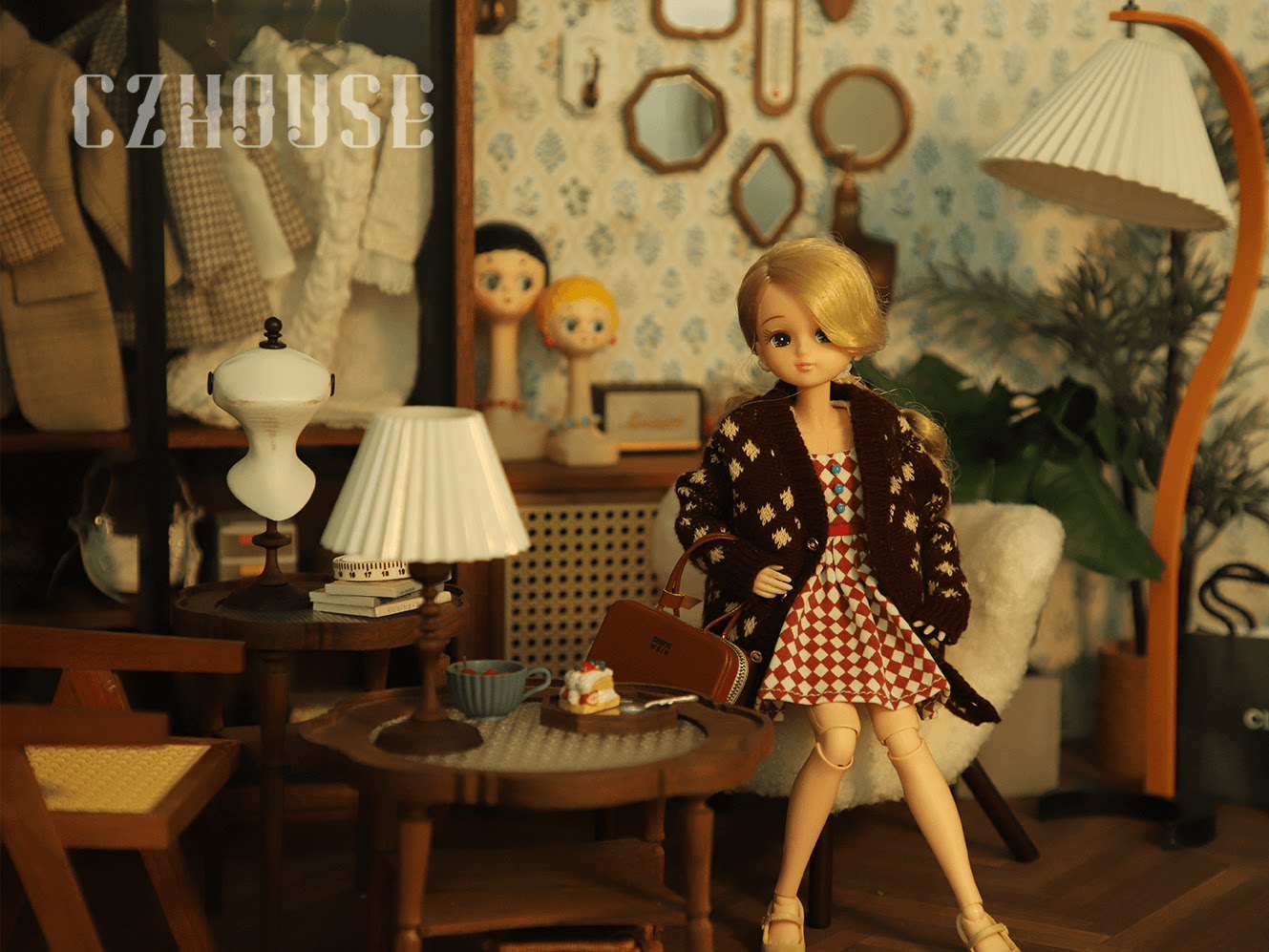 bjd场景道具娃屋 【现货】微缩黑胡桃木复古褶皱台灯（电线可拆卸）陈郎lanczhouse