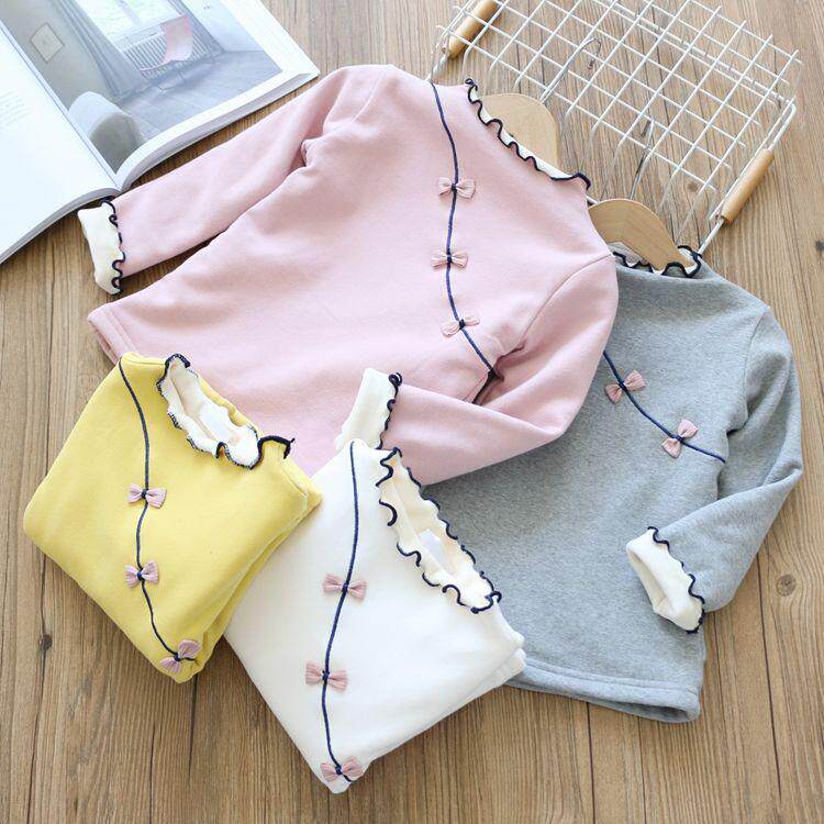 Children's clothing girls bottoming shirt plus velvet autumn and winter new T-shirt fungus collar foreign pie top baby thickening Korean version of pure cotton