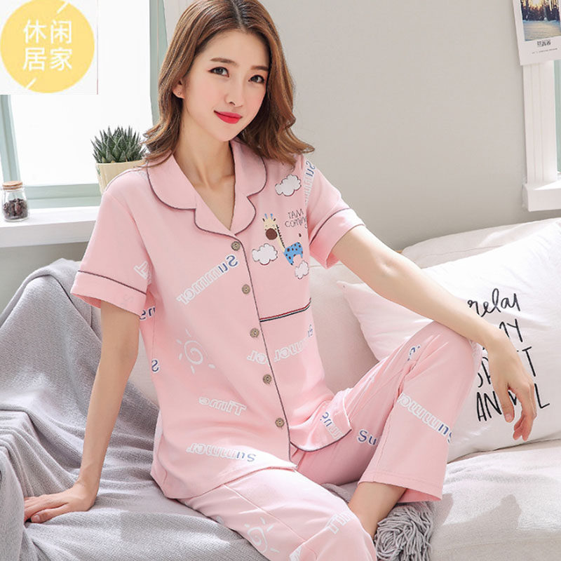 Pajamas women summer 2022 new fashion short sleeve trousers pure cotton thin cute two - piece summer home suits