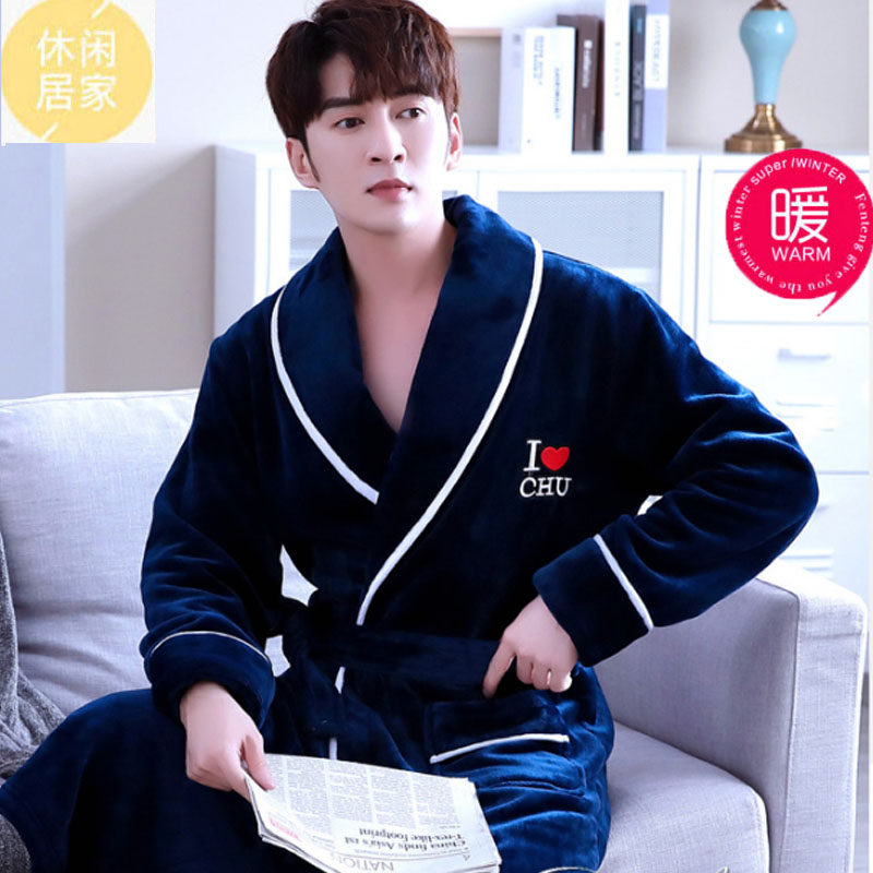 Pajamas men's autumn and winter one coral fleece nightgown youth models trendy fashion personality thickened bathrobes casual and handsome
