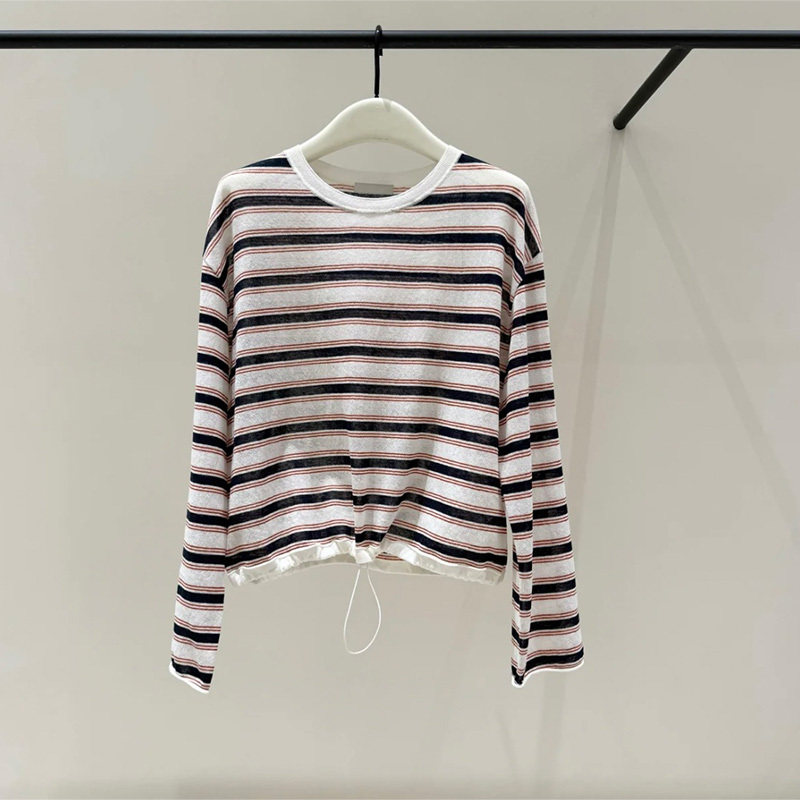 Ed In-Stock Knitted T-Shirt for Women 2026 Summer New Style with Drawstring Hem Striped Cotton-Linen Knit Top
