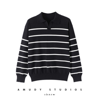 Non-Pilling 100% Pure Cotton Seagull Collar Striped Loose Long-Sleeve Knit Sweater for Men, Old Money Style Polo Collar Autumn and Winter Sweater