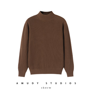 Five-Needle Thickened 100% Pure Cotton Half-Turtleneck Knit Sweater for Men, Chocolate Color, Pique Fabric, Warm Base Layer