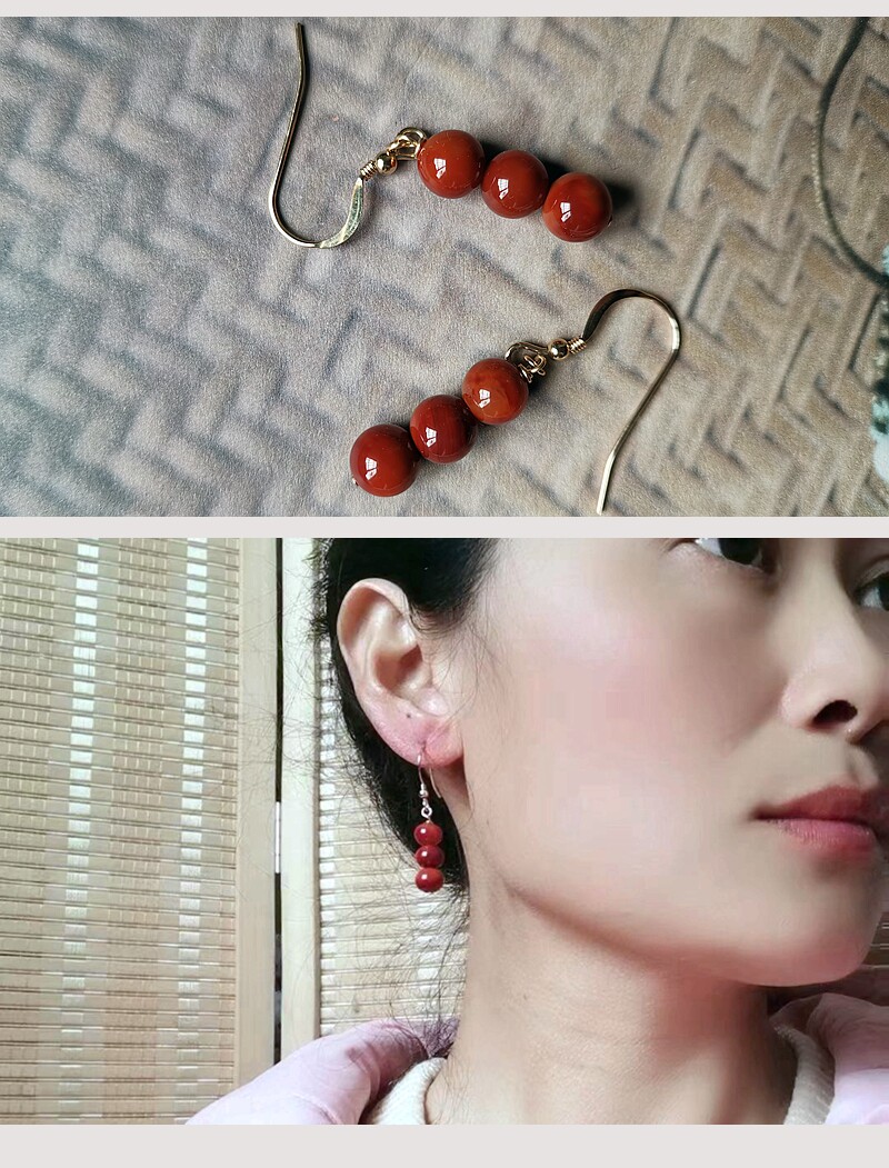 Серьги 南红玛瑙耳环耳坠耳饰首饰凉山原矿柿子红玫瑰红牛血红圆珠六六顺
