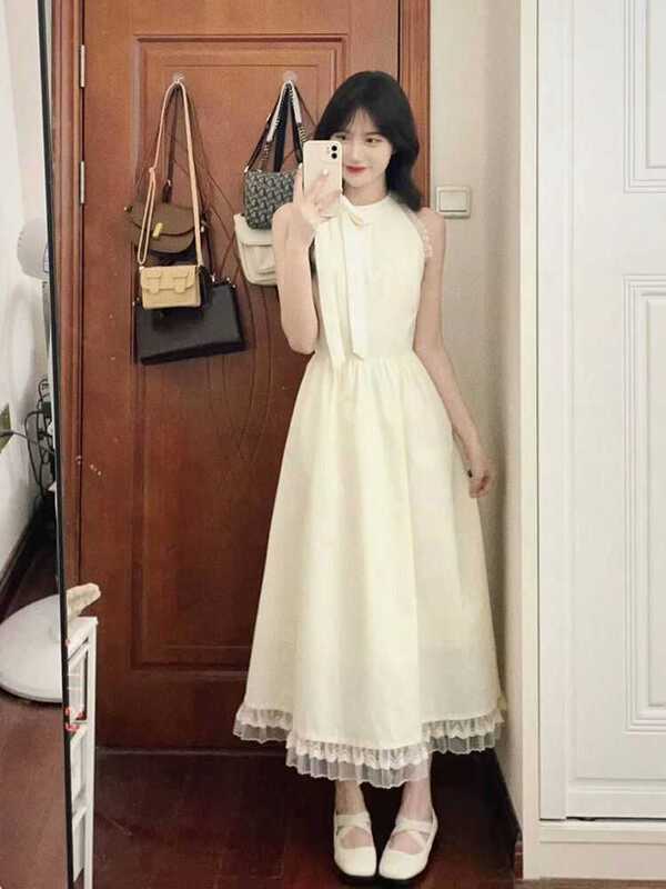 Women's Summer Waist-Cinching Dress, French Lace Trim, Elegant Tank Dress, Bow Long Dress, Halter Neck Dress