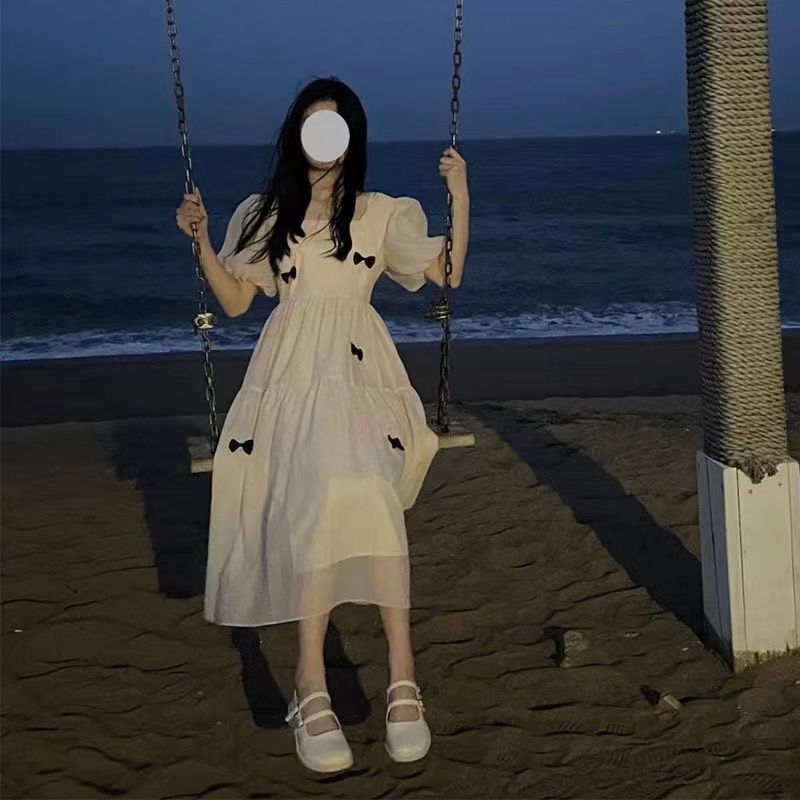 First Love Dress, White Moonlight Square Neckline Dress, Female Student Spring and Summer New Short-Sleeved Mid-Length A-Line Fairy Dress