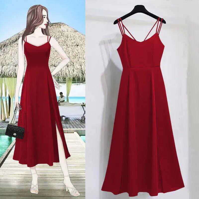 2024 Summer New Style Plus-Size Women's Clothing, Elegant and Sexy Burgundy Vacation Beach Spaghetti Strap Dress