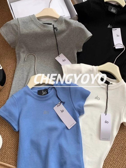 瑜伽短袖T恤女夏新款修身显瘦百搭运动休闲字母印花圆领正肩上衣