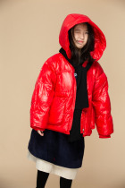 Small big planet childrens clothing heavy weight 90 white duck down warm girl big pocket New Year red hooded short down jacket