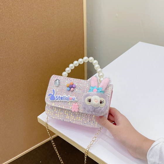 New pink bag little girl pearl handbag fashionable girl crossbody bag cute Star Dew bunny bag