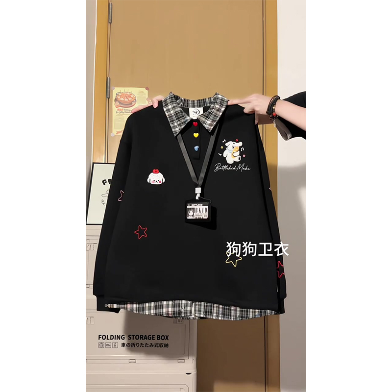 Fake Two-Piece Polo Collar Plaid Shirt with Dog Embroidery Sweatshirt for Women, New Design, Niche Chic, Sweet and Cool Jacket