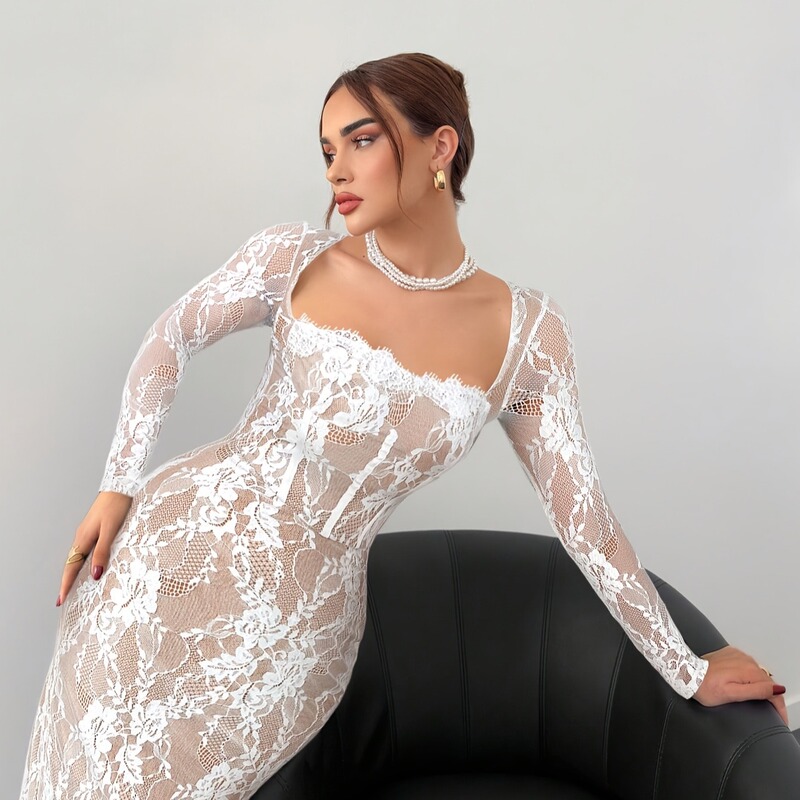 2025 Cross-Border European and American Style Autumn New Lace Elegant Square Neck Lace Patchwork Long-Sleeved Slim Long Dress 2025 Cross-Border European and American Style Autumn New Lace Elegant Square Neck Lace Patchwork Long-Sleeved Slim Long Dress