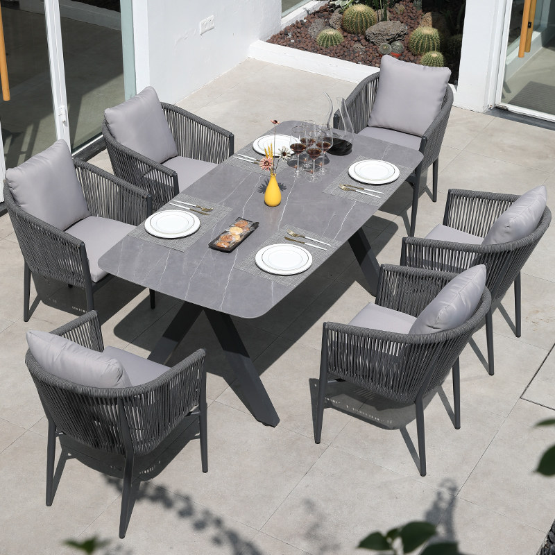 Villa Outdoor Table And Chairs Patio Open-air Balcony Garden Furniture Outdoor Leisure Rattan Chairs Folk Hotel Rock Plate Dining Table