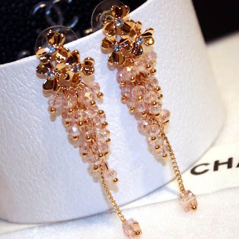 Sun Korea Trend Crystal string Everest Female Metal Flowers Color Beads flow Su Long Edition Ear Pendant Temperamental anti-earrings