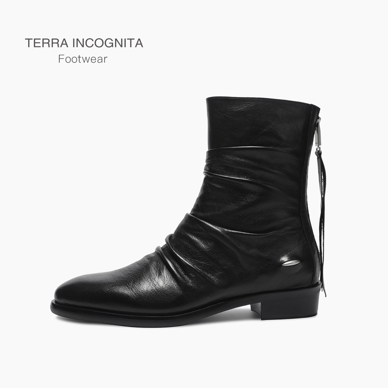 【Year of the Horse Limited Edition】First Layer Horse Leather Wrinkled Pointed Chelsea Boots Casual Height-Increasing Terraincognita