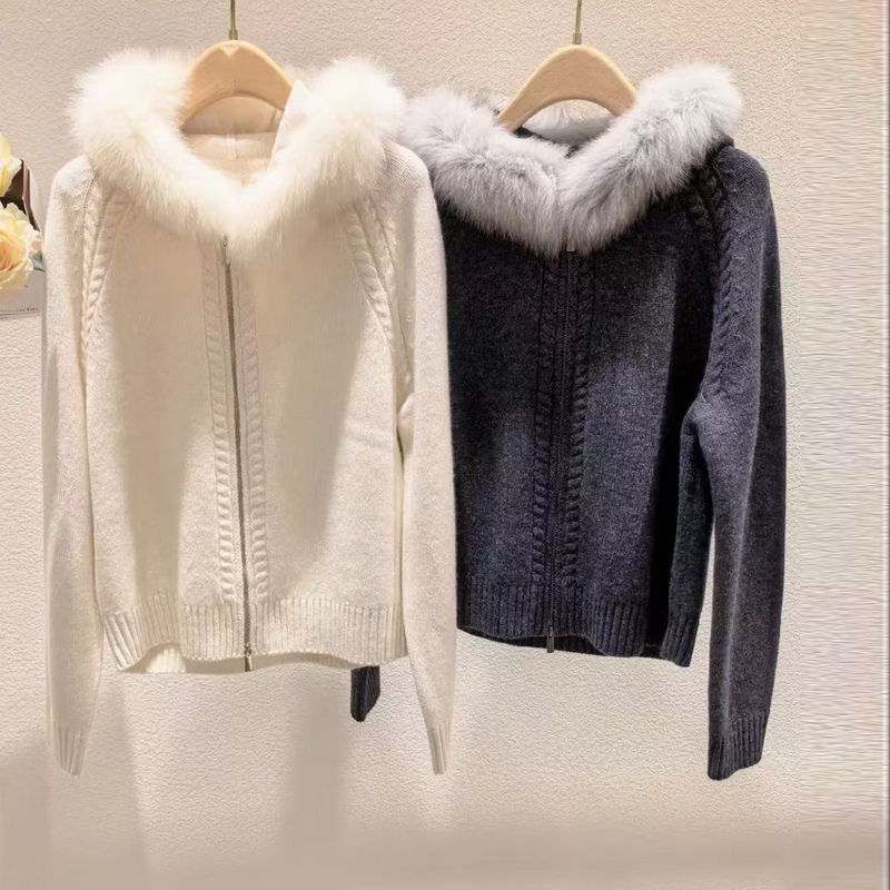 Beiaiba Bear Genuine 26 Autumn and Winter Hooded Knitted Cardigan, Elegant Style Wool Fox Fur Collar Sweater Coat 106