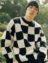 ORENJIDORAGON OD2020 black and white grid black and green grid Black and orange grid round neck loose blended knitted sweater