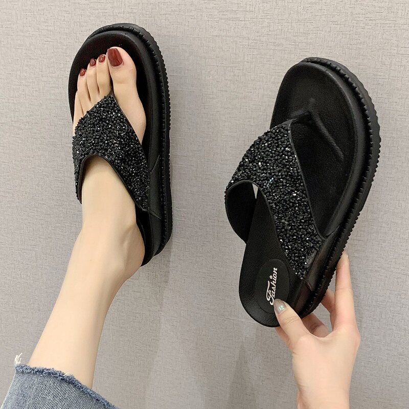 ins tide rhinestone flip-flops female summer fashion outer wear thick-soled clip-on slippers 2022 new beach wedge sandals