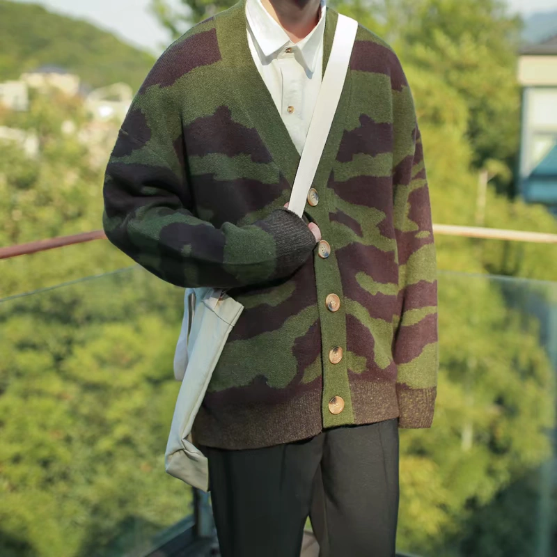 MG / 2020 Ngụy trang mùa xuân Retro Mohair Áo len cardigan nam cổ chữ V Hàn Quốc Áo len dệt kim đôi - Cardigan