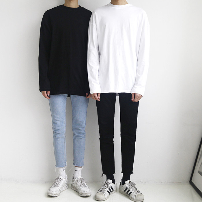 2017秋季韩国ulzzang宽松纯色男士t恤 长袖圆领纯棉情侣打底衫潮