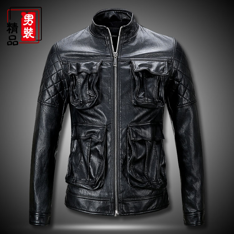 New motorcycle leather men's short Slim Korean version of the trend simulation Pi Harley British multi-pocket leather jacket