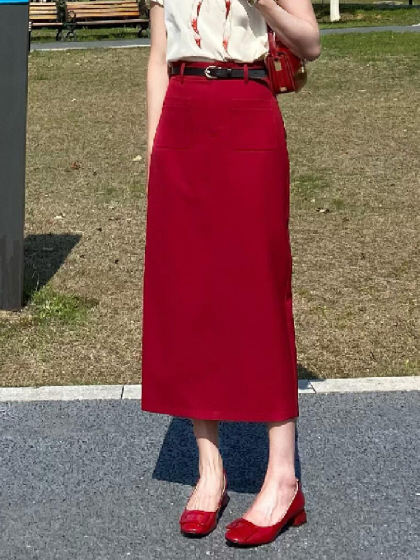 韩式红色后开叉半身裙女2025夏季新款高腰显瘦气质通勤西装直筒裙