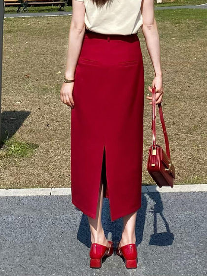 韩式红色后开叉半身裙女2025夏季新款高腰显瘦气质通勤西装直筒裙