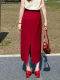 韩式红色后开叉半身裙女2025夏季新款高腰显瘦气质通勤西装直筒裙