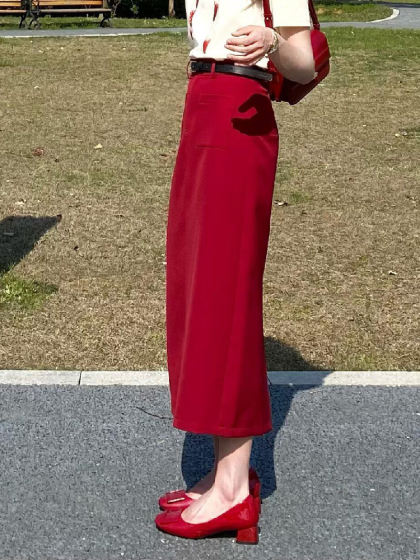 韩式红色后开叉半身裙女2025夏季新款高腰显瘦气质通勤西装直筒裙
