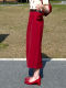 韩式红色后开叉半身裙女2025夏季新款高腰显瘦气质通勤西装直筒裙