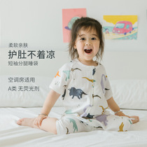 Baby bamboo cotton 2-layer gauze short sleeve split leg sleeping bag baby conjoined sleeping bag air-conditioning room Anti-kicking double-layer summer thin