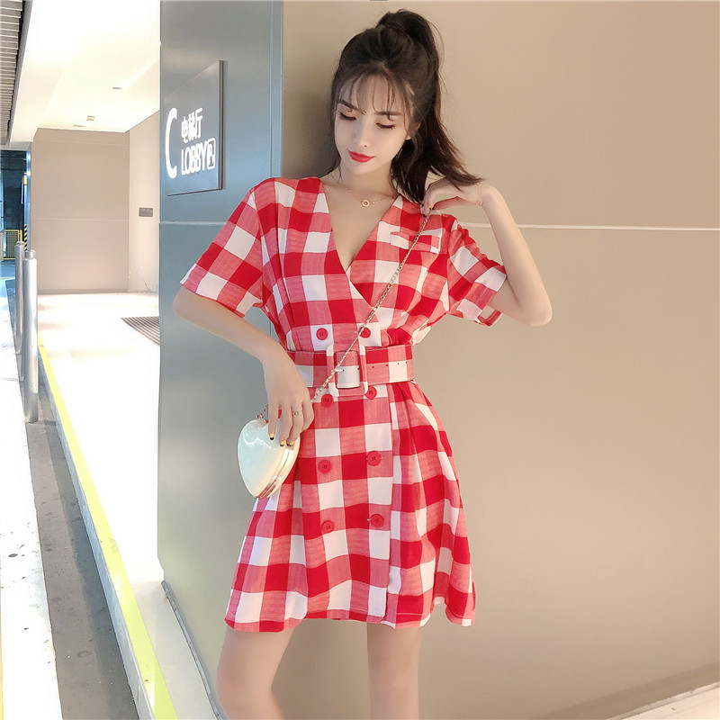 VK旗艦店 韓系格紋復古氣質雙排扣短袖洋裝