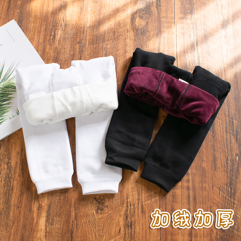Girls' leggings winter plus velvet thickened children's black and white gray pantyhose without feet big children's warm nine-point trousers
